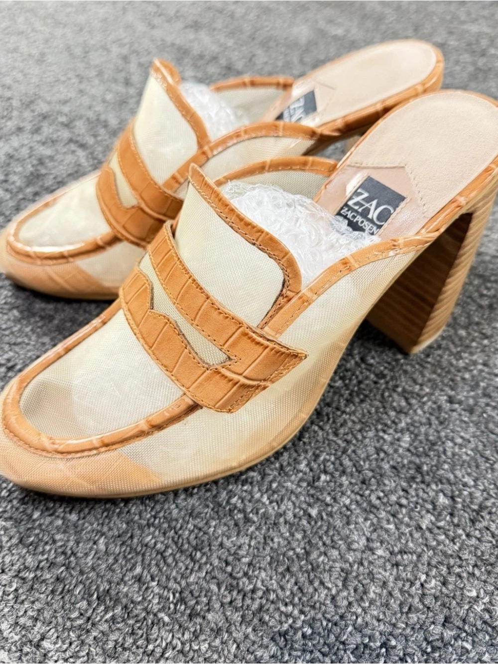 ZAC Zac Posen Cream and Tan Croc-Trim Block Heel Mules